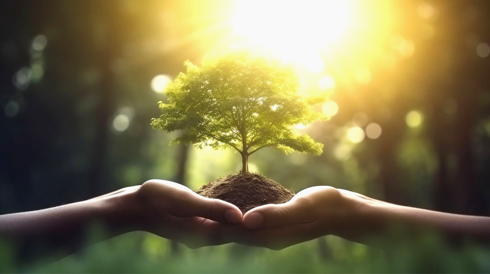 Hands gently cupping a small tree seedling, forest bokeh in the background