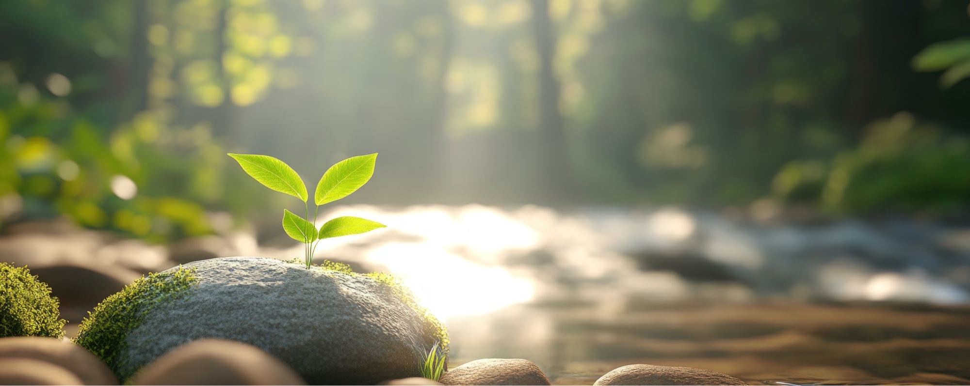A small green sprout growing from a mossy rock beside a sunlit river