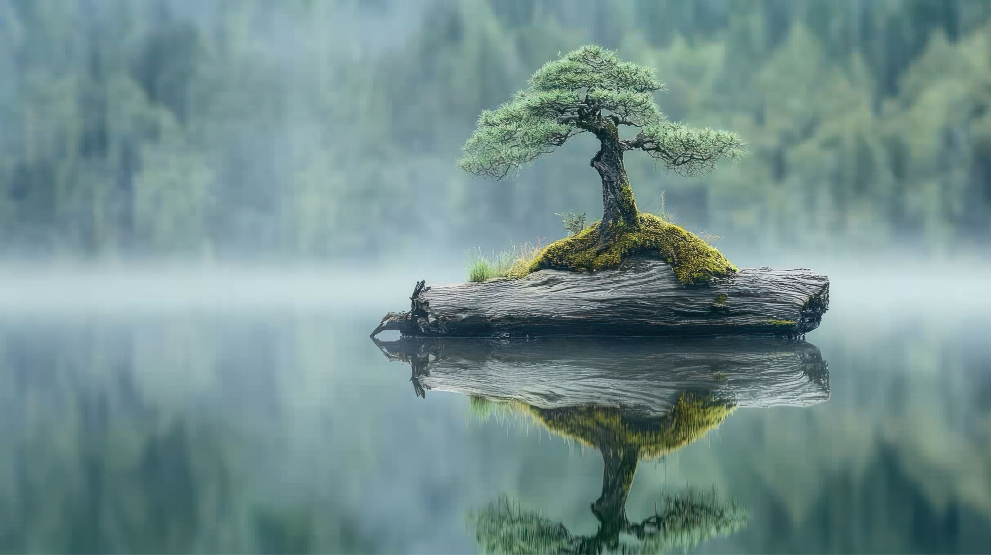 A small bonsai tree on a log raft floating on a mirrored lake, symbolizing partnership and balance