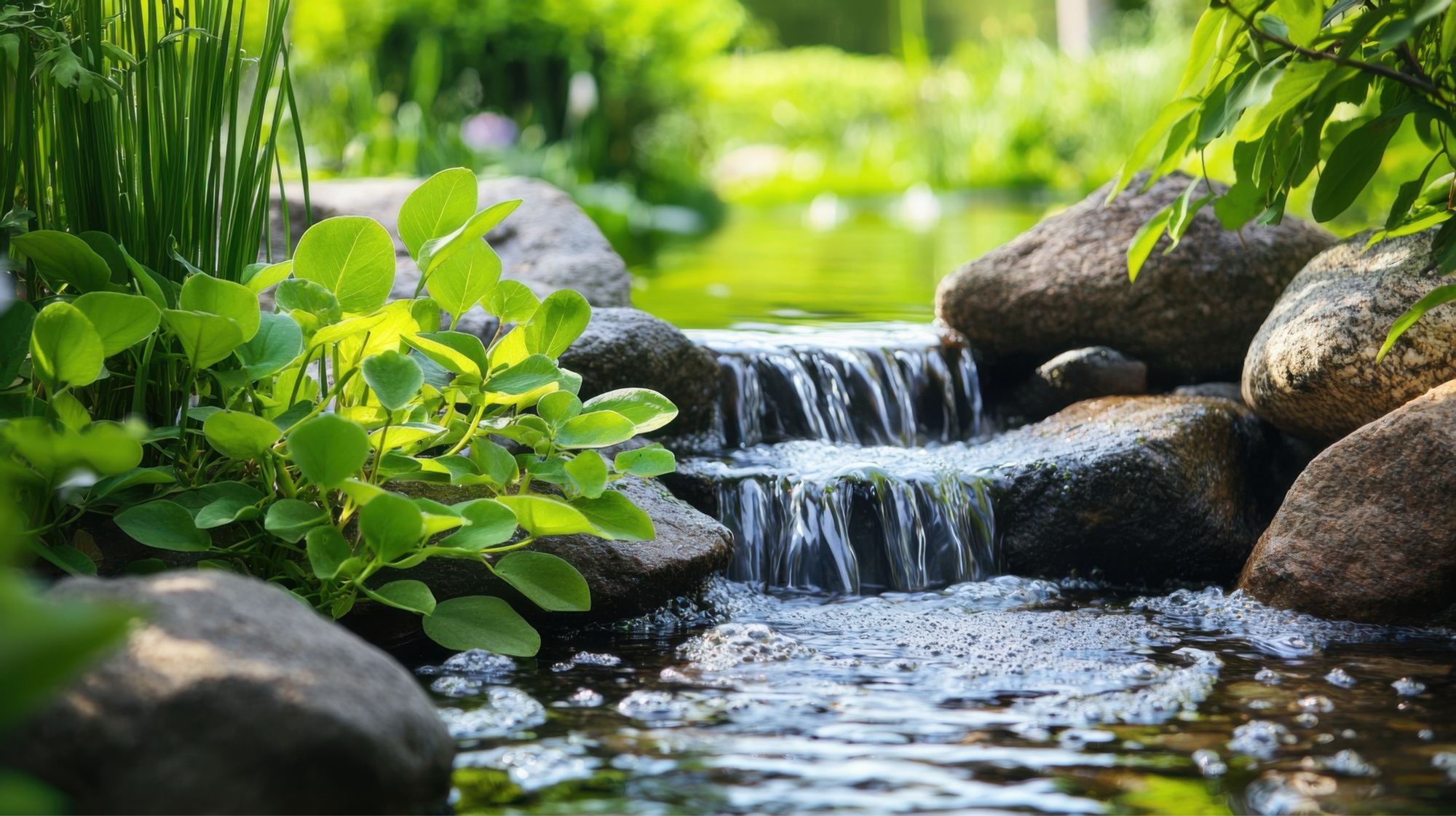 A calm stream flowing gently over garden rocks, symbolizing grounding and processing