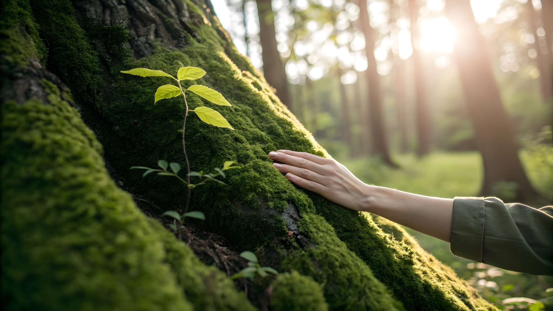 A hand gently touching moss on a tree trunk in a sunlit forest, symbolizing connection and grounding