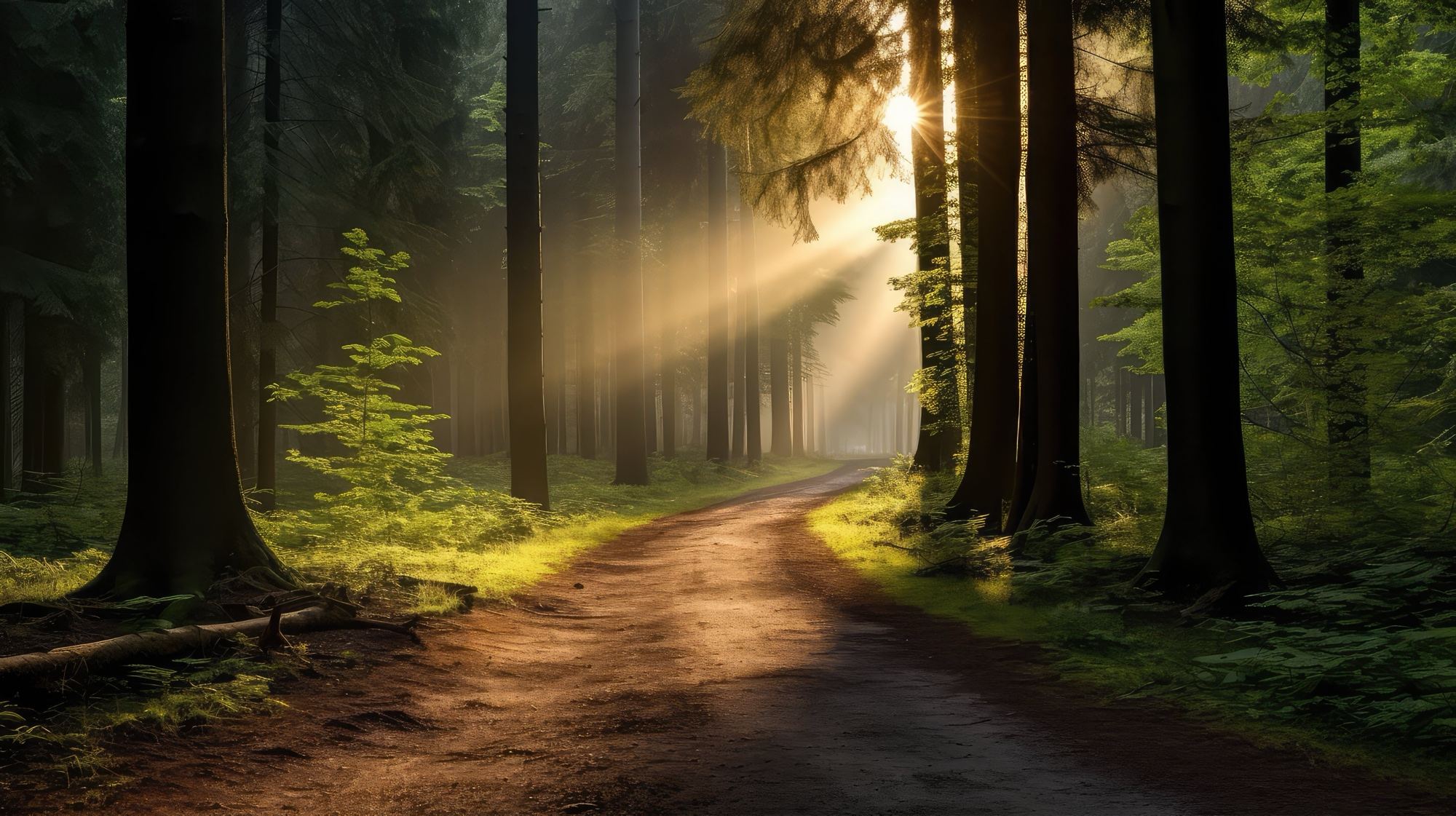 A sunlit forest path with light breaking through the trees