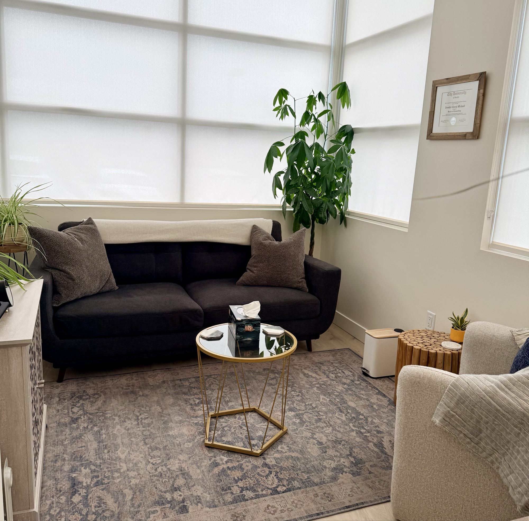 A counselling room with comfortable seating