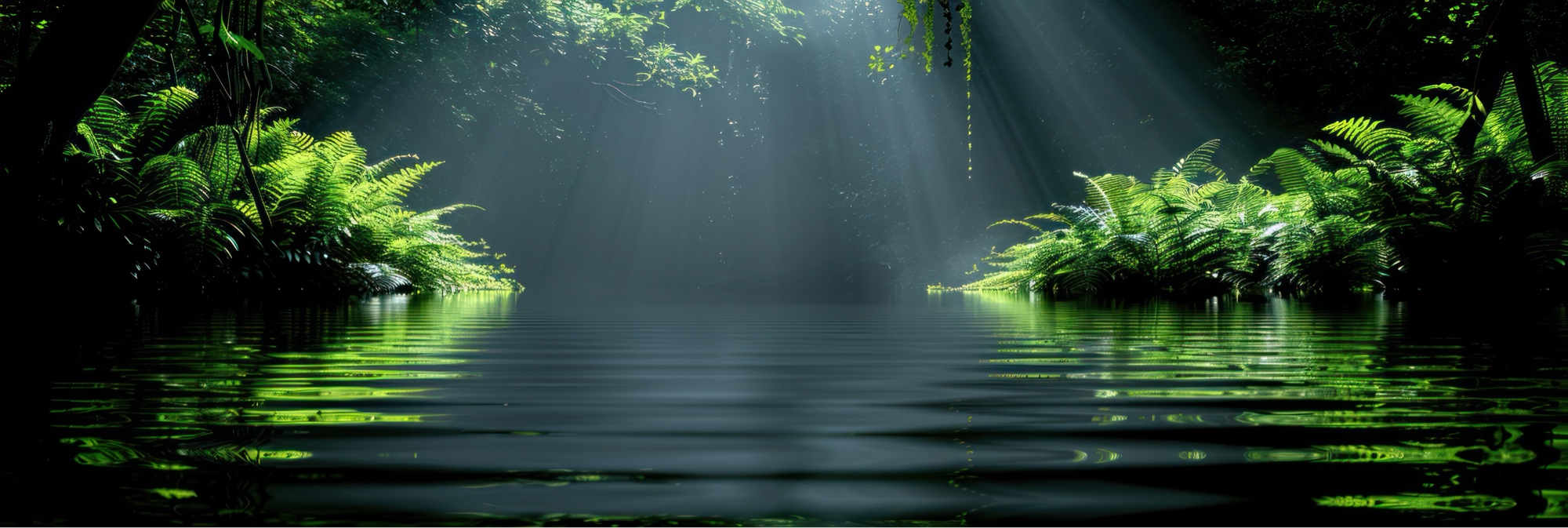 Sunlight filtering through trees onto calm, still water